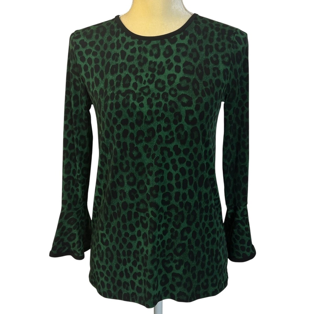 Michael Kors Women's Leopard Print Bell Sleeve Top Green‎ Black Size XS Stretch